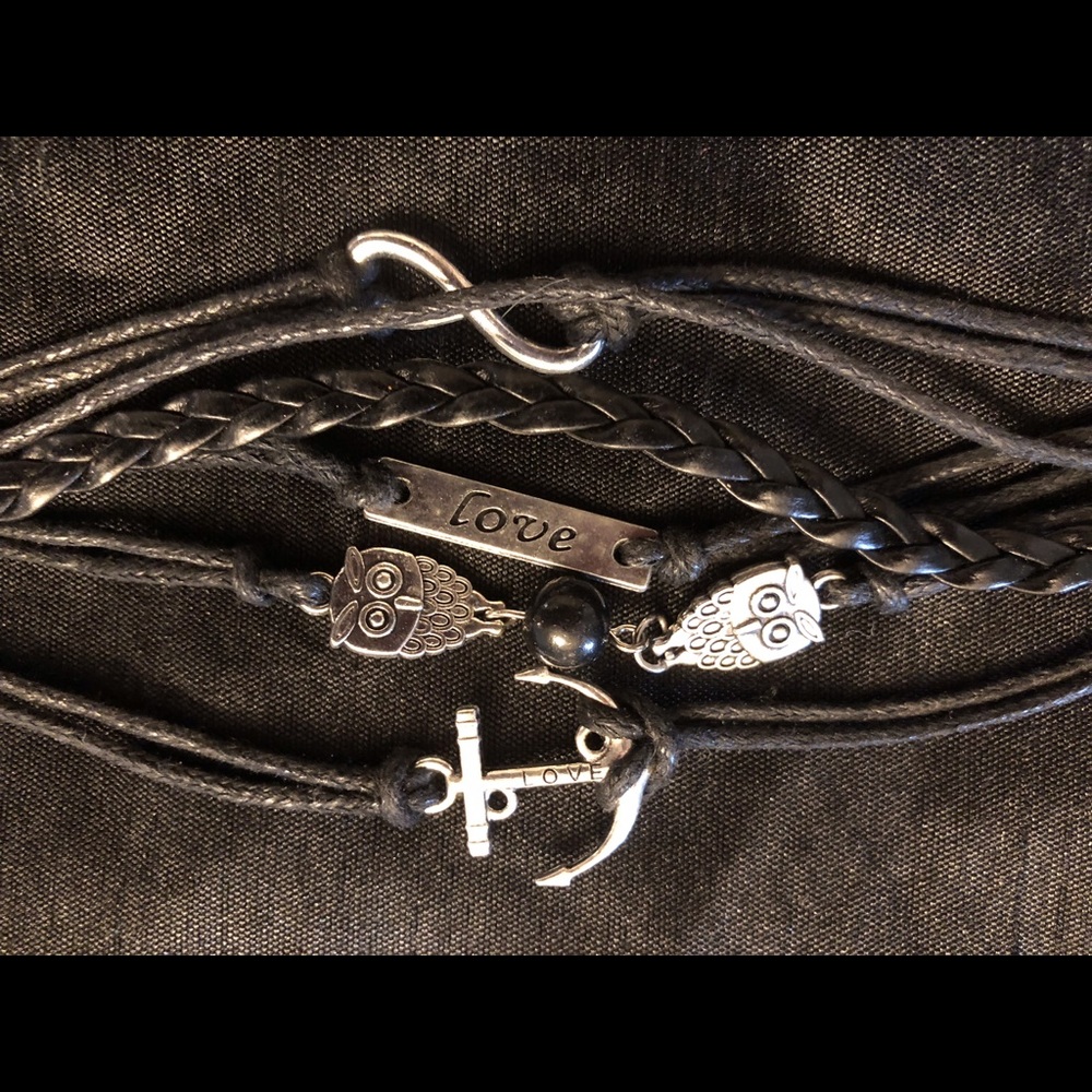 Black  and Silver Love & Anchor Leather Bracelet